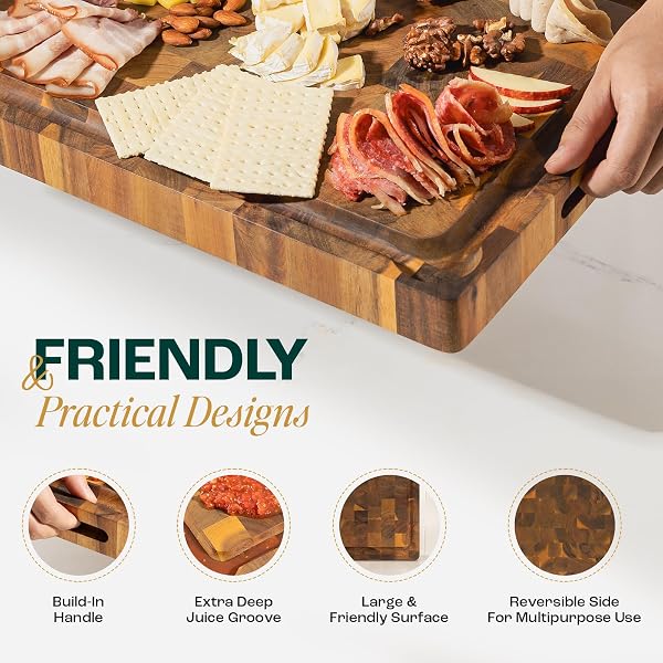 YES4ALL DURABLE ACACIA CUTTING BOARDS FOR KITCHEN, [20”LX15”WX1.5” THICK] LARGE END GRAIN CUTTING BOARD, PRE OILED WOOD CUTTING BOARDS, THICK CHOPPING BOARD W/JUICE GROOVES AND EASY GRIP HANDLE