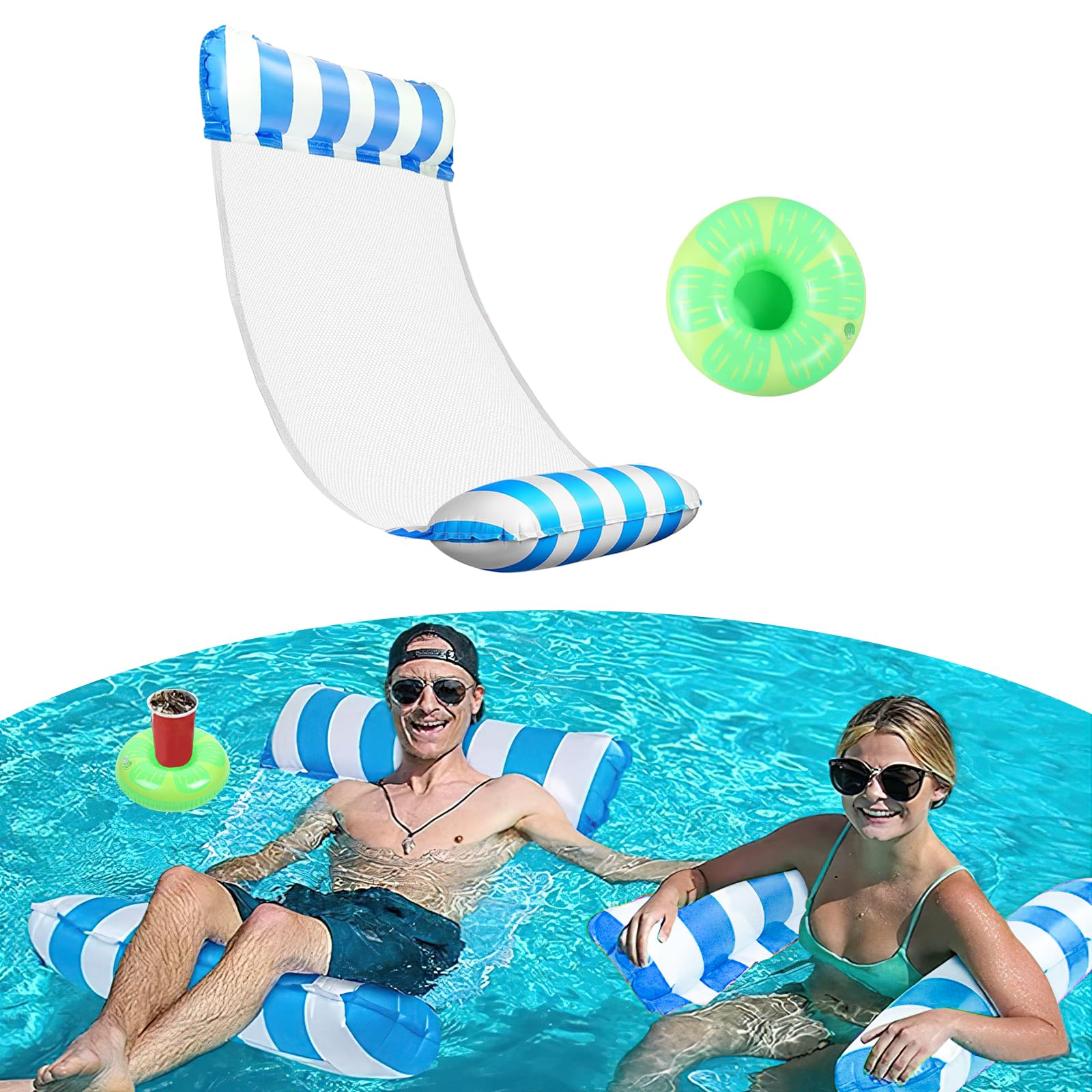 TAIHOBO Water Hammock for Adults, 4-in-1 Multi Purpose Swimming Pool Inflatables with Drink Holder for Water Hammock, Lounge Chair, Rafting & Buoyancy Aid, Tanning Pools Accessories (Blue)