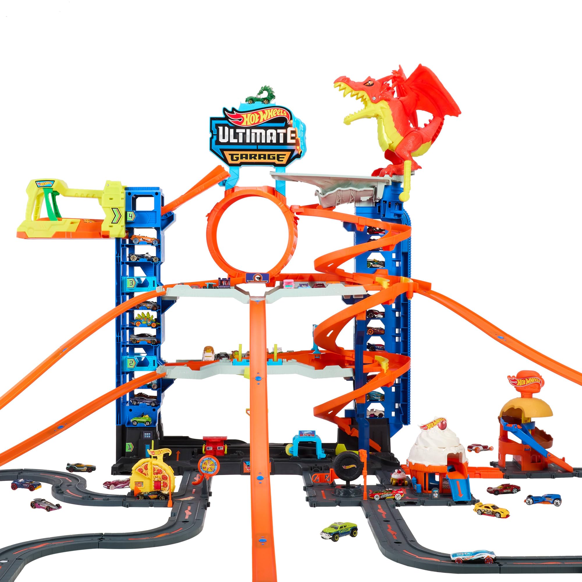 Hot Wheels City Ultimate Garage Track Set with 2 Die-Cast Toy Cars & Car-Eating Dragon, Stores 50+ Vehicles, 4 Levels