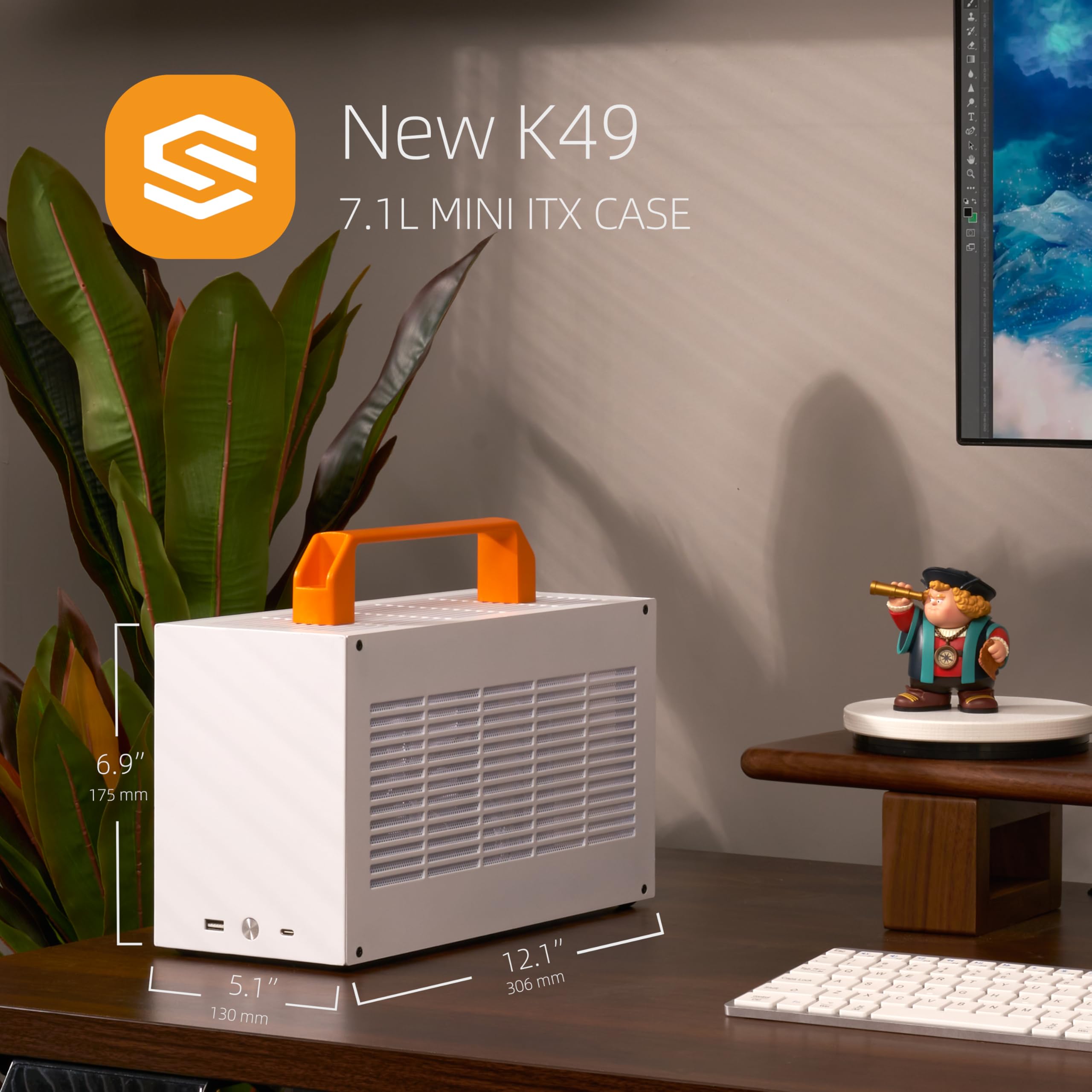SGPC K49/Portable Mini-ITX PC Gaming Case/7L Small Form Factor/CPU Cooler up to 56mm/300mm GPU & SFX PSU Support/USB 3.0 & Type-C Front I/O (K49,White,Basic)