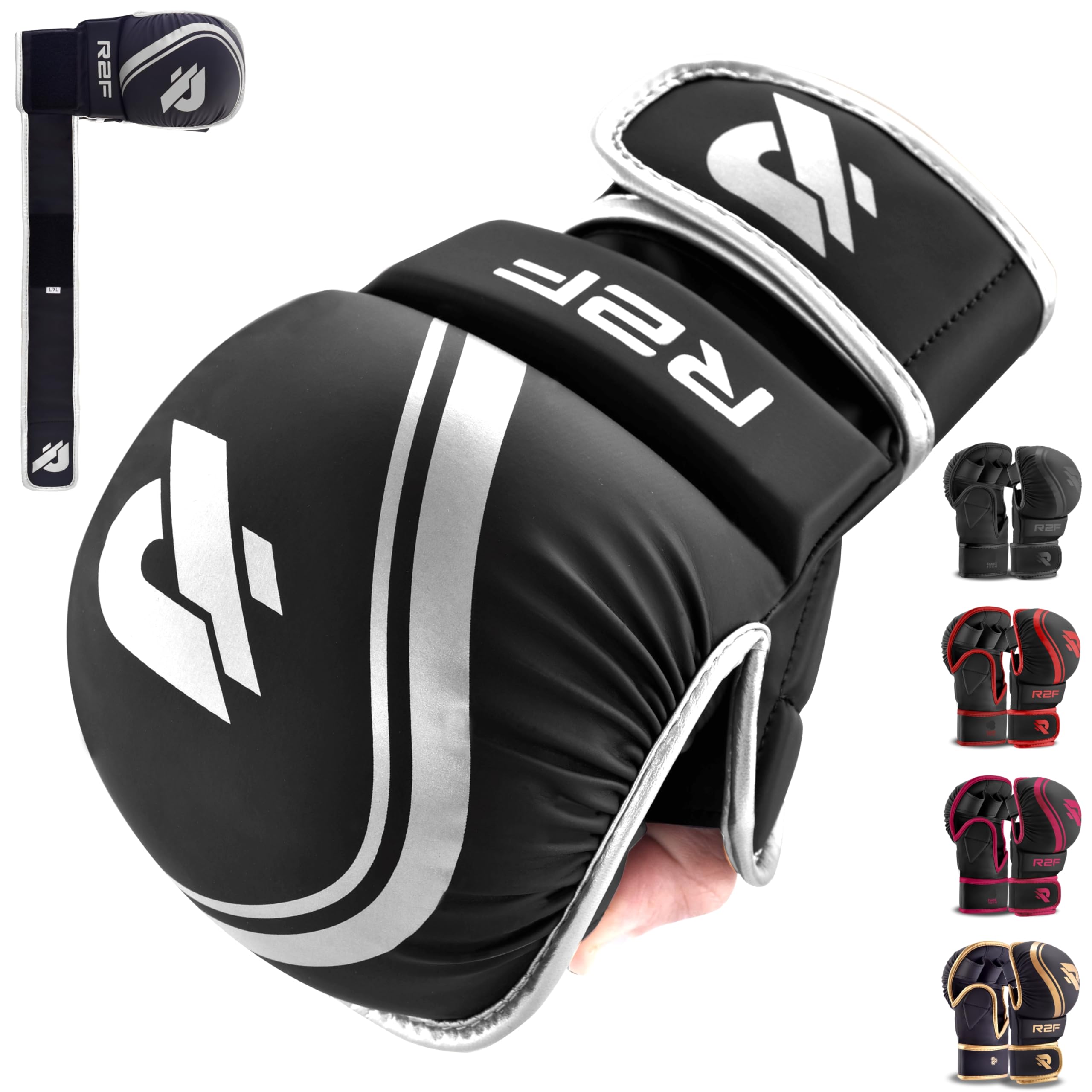 R2F MMA Gloves Grappling Training Sparring Fighting, Martial Arts Open Palm Mitts Men Women, Adjustable Wrist Support Vegan Leather, UFC Cage Fighting Combat Sports Boxing, Muay Thai