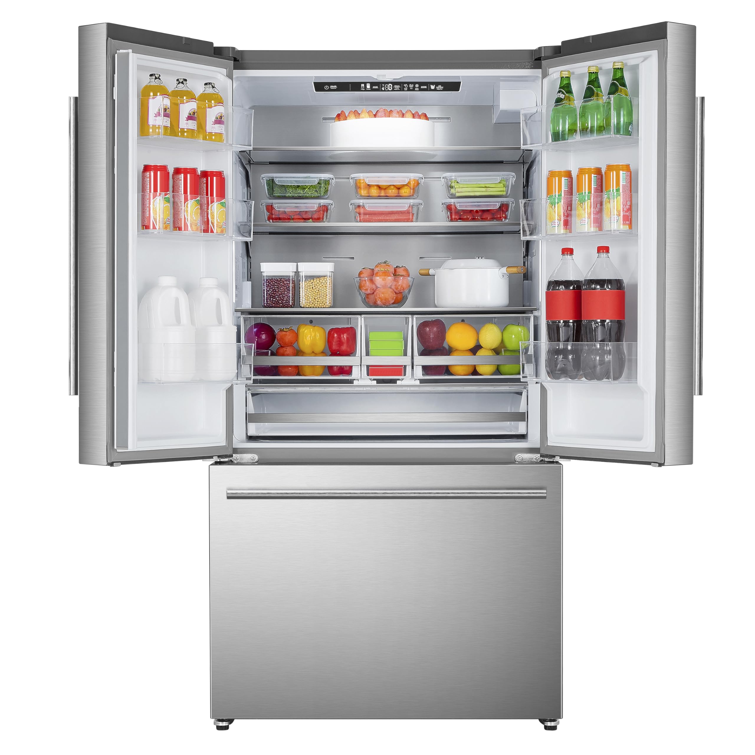 Photo 1 of DUURA Elite DE210FDBMDSS Refrigerator Built in with French Doors Adjustable Glass Shelves Dual Drawer Bottom Freezer with Ice Maker, LED Interior Light and Stainless Steel Exterior, 36-Inch, Metallic