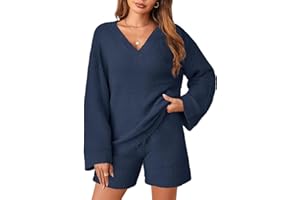 MEROKEETY Women's 2 Piece Outfits Fuzzy Fleece Sweater Set Long Sleeve Tops and Shorts Pajamas Set