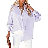 HOTEVE Women's Wrinkle-Resistant Smocked Cuffed Striped Button Shirt with Pocket Oversized Casual Boyfriend Blouse