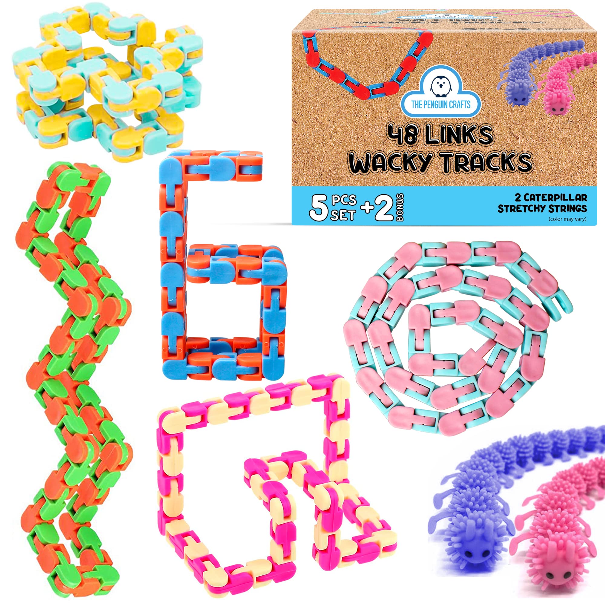 The Penguin Crafts 48 Links Wacky Tracks Snap and Click Fidget Toy Set for Kids - 5 Pack Stress-Relief Finger Chain 48Links and 2 Caterpillar Stretchy Strings – Sensory Anti Stress Clicking Chains