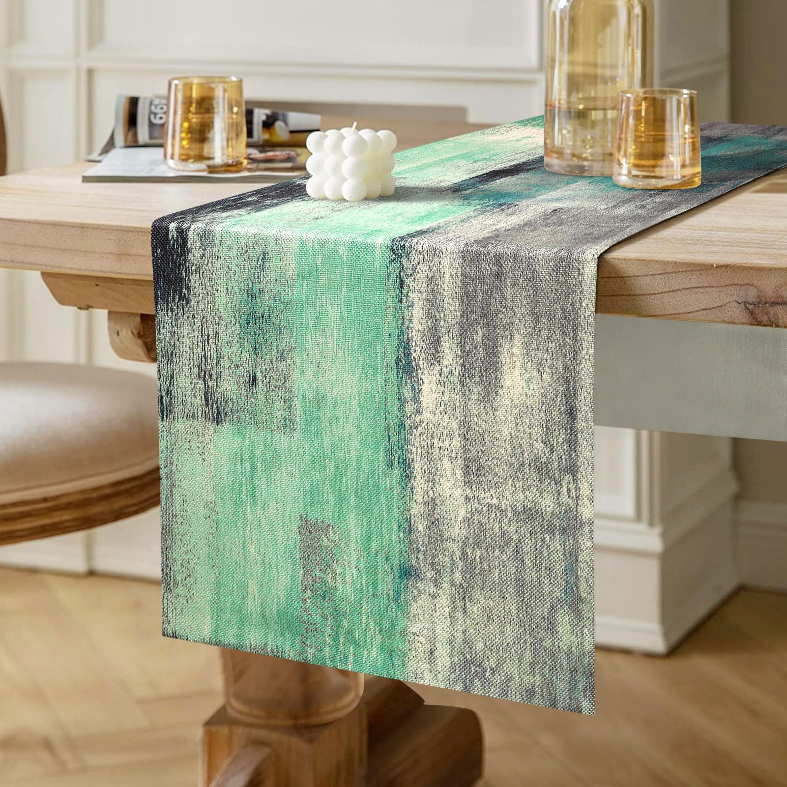 Boho Table Runner Green and Grey Modern Table Decor Spring Summer Table Decorative Cloth for Dinner Xmas Outdoor Holiday Parties Great Gift TV Table Bridal Shower Home 40 cm x 140 cm
