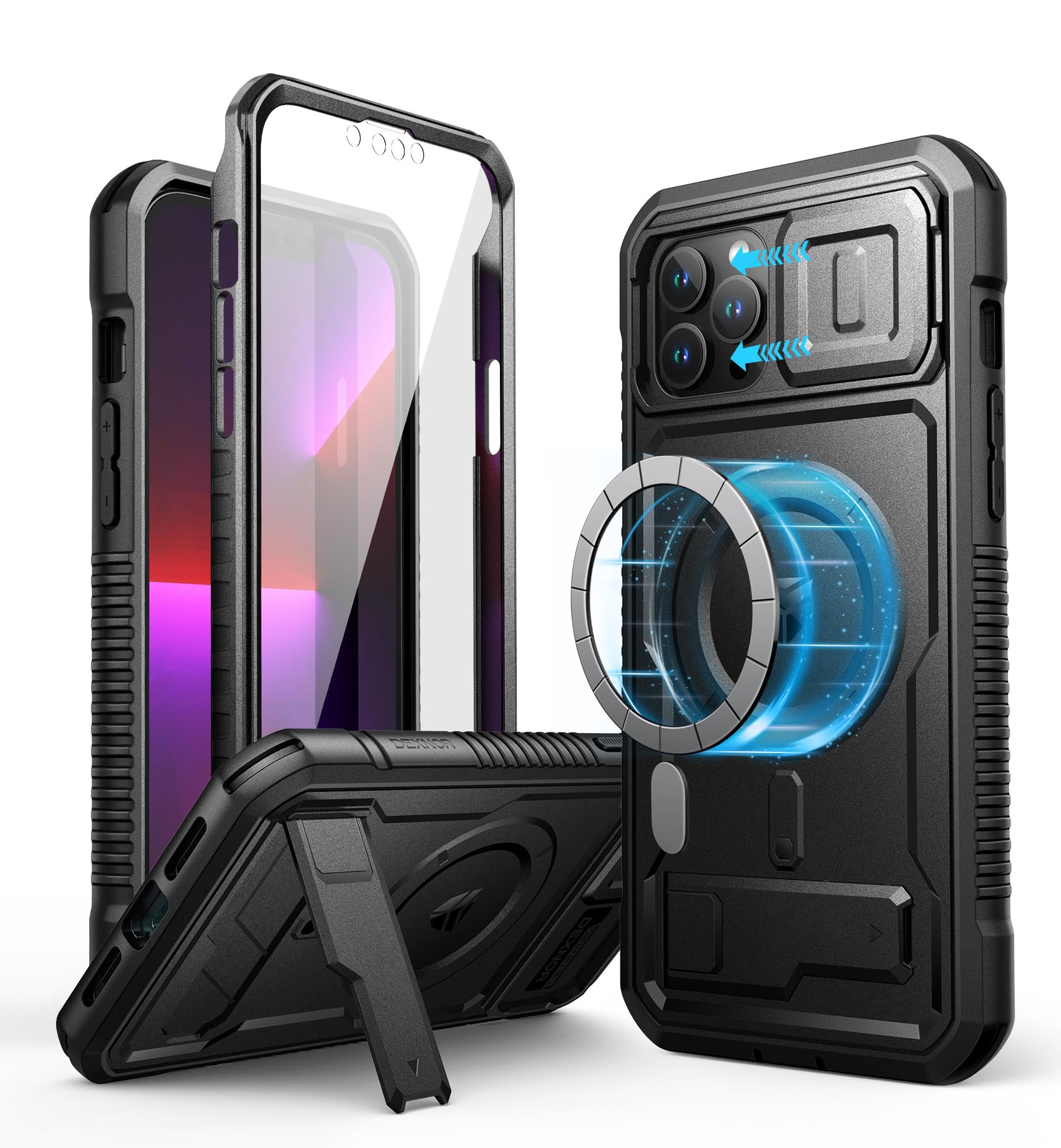 Dexnor for iPhone 12 Pro Max Case with Camera Cover [Compatible with MagSafe] [Built-in Screen Protector] Heavy-Duty Shockproof Full-Body Rugged Protective Magnetic Cover with Kickstand, Black