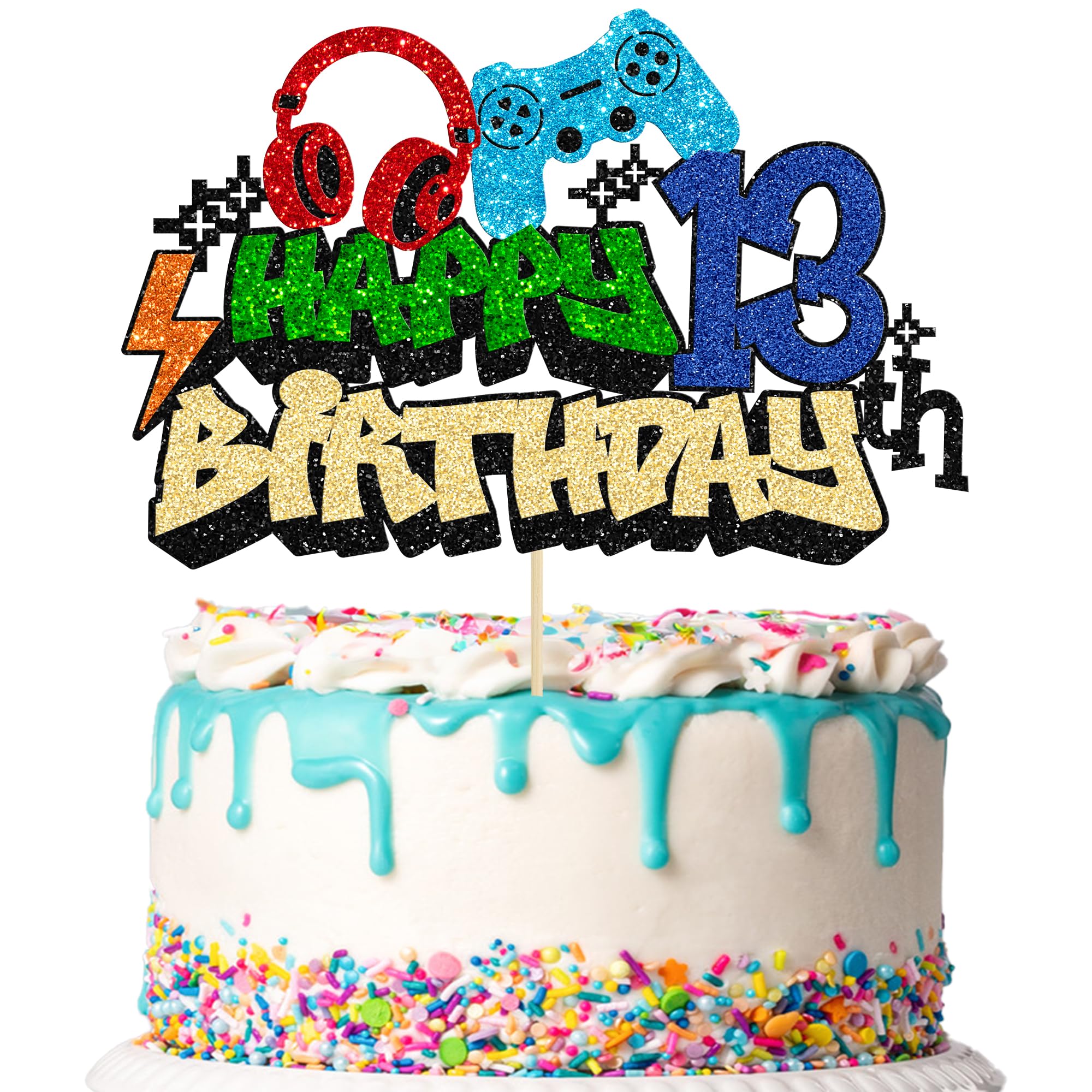 Photo 1 of Gyufise 1Pcs 13th Birthday Video Game Cake Topper Gaming Level Unlocked Game On Controllers Cake Pick Decorations Game Theme Baby Shower 13th Birthday Anniversary Party Cake Decorations