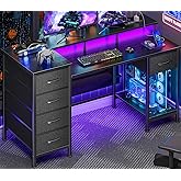 Korfile 47 Inch Computer Desk with 5 Fabric Storage Drawers,Gaming Desk with Power Outlets & LED Lights,Reversible Home Office Desk with Monitor Stand for Working Writing Study, Black
