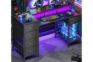 Korfile 47 Inch Computer Desk with 5 Fabric Storage Drawers,Gaming Desk with Power Outlets & LED Lights,Reversible Home Offic