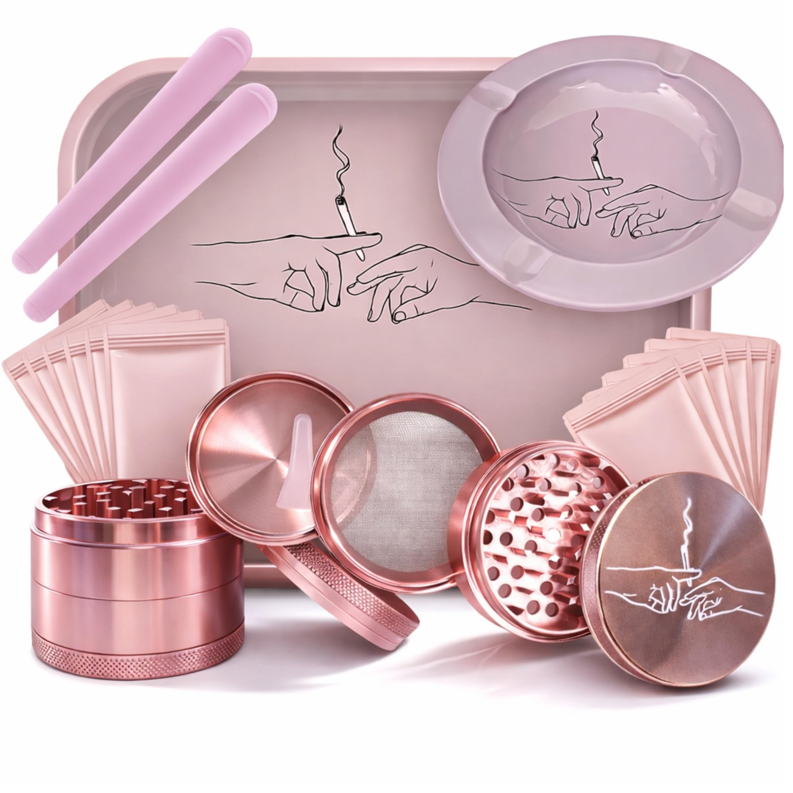 Rolling Tray Bundle Kit - Pink Rolling Tray, Ashtray, Four Piece Tobacco Grinder, Bags & Tubes, Smoking Accessories - Tobacco Accessories