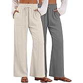 Xaatren 2 Pack Women's Linen Pants Summer Wide Leg Drawstring Elastic Waist Pant Casual Loose Fit Beach Trousers with Pockets(Flaxen, Gray,Large)