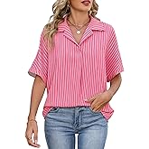 IEEILULU Womens Loose Fit Shirts Short Sleeve Striped Shirt Casual Collared Tops Women Office Work Blouses