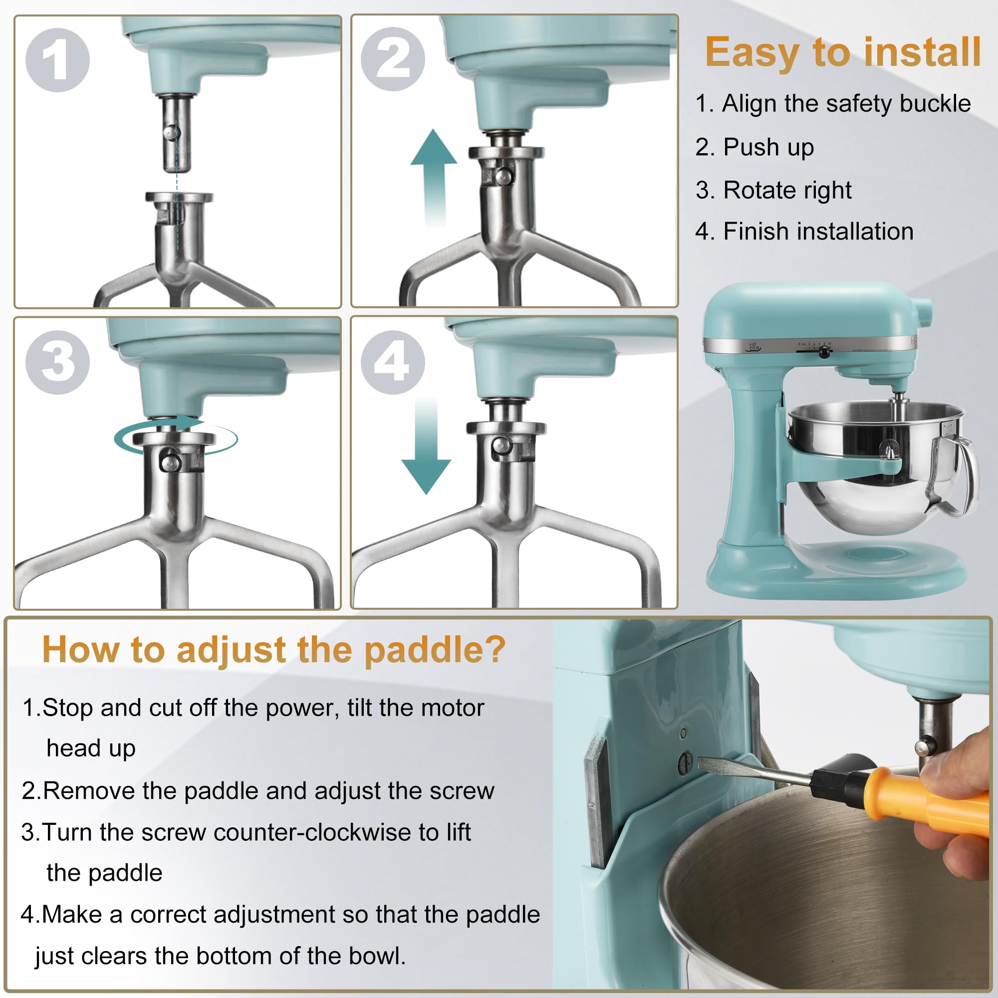 Flat Beater for KitchenAid 5-6 Quart Bowl-Lift Stand Mixer, Stainless Steel Paddle Attachments Fits for Kitchenaid Professional 5 Plus and 600 Seris Mixer, Mixing Accessories, Dishwasher Safe