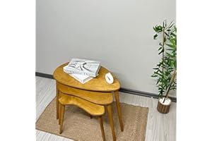 TRIHOME, Solid Nesting Table Set of 3, Birch Mid Century Pebble Tables with Wood Tapered Legs, Portable Modern Side Coffee Tables, Handmade Home Furniture, Farmhouse, Living Room, Bean, Oak