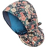 diffetape Satin Lined Scrub Cap, Scrub Hat Ponytail Women, Surgical Cap with Buttons & Sweatband, Cotton, Silk Lined