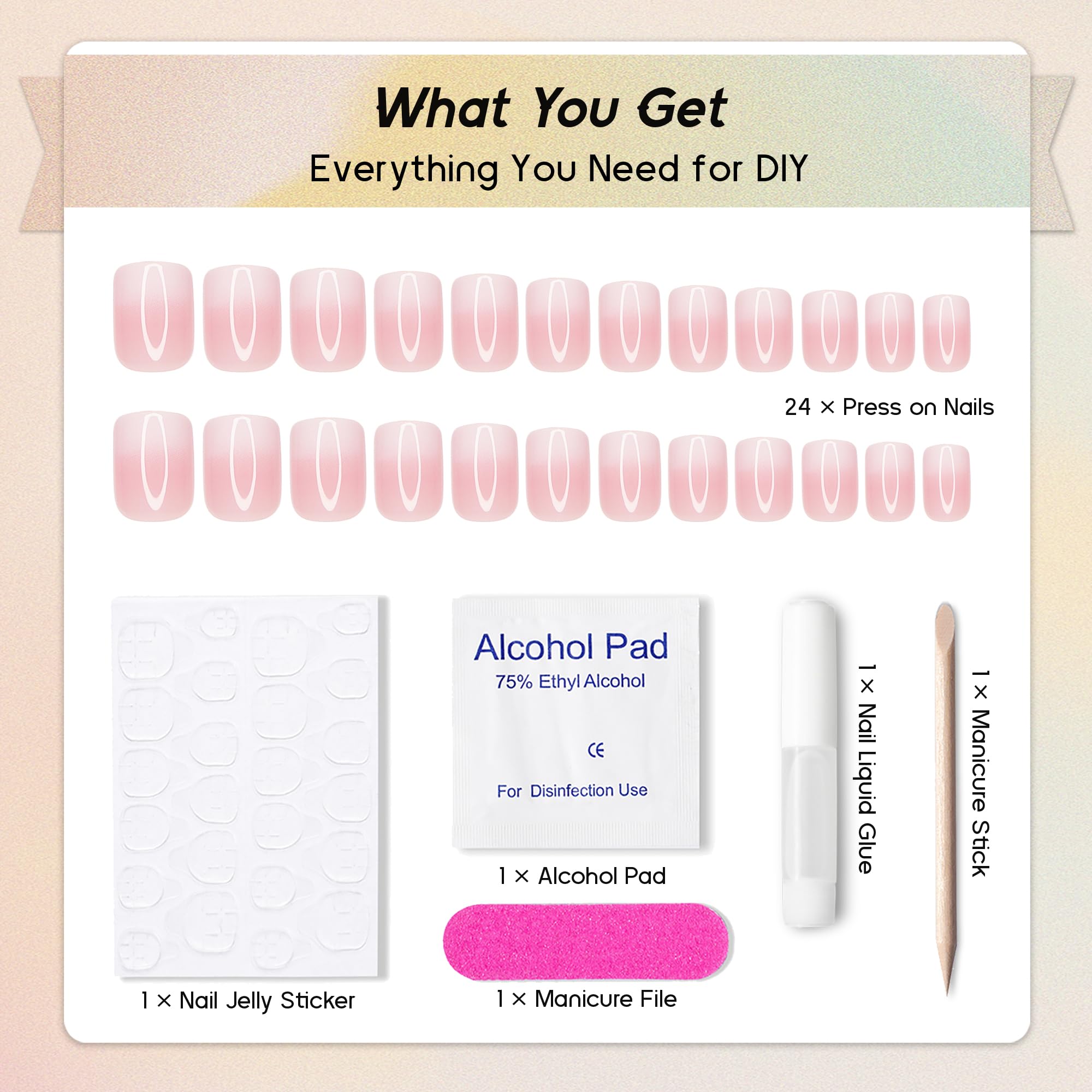 Qsnidy Press on Nails Square - French Ombre Pink Fake Nails Short Glossy Acrylic Full Cover Glue on Nails for Women and Girls, Natural Fit Stick On Nails in 12 Sizes - 24 Nails - Image 3