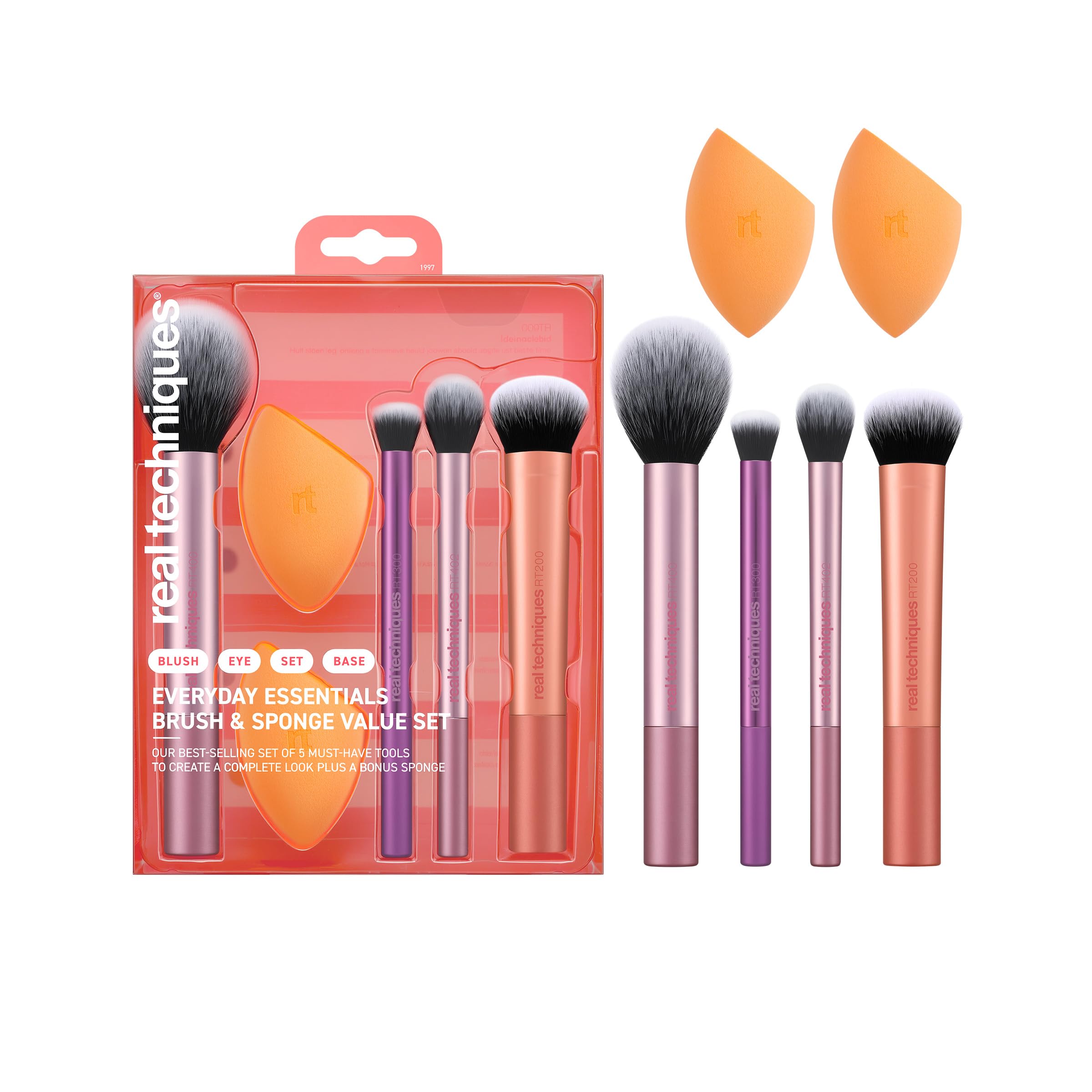 Real Techniques Everyday Essentials + Makeup Sponge Kit, 4 Makeup Brushes and 2 Makeup Blender Sponges,Blush, Bronzer, Eyeshadow, and Powder, Synthetic Bristles, Cruelty-Free, 6 Piece Set