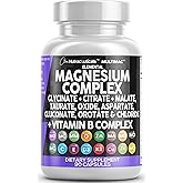 Clean Nutraceuticals Magnesium Complex with Magnesium Glycinate Citrate Malate Oxide Taurate Aspartate Orotate & Mag Chloride, Zinc Copper Manganese & Vitamin C B1 B2 B6 B12 Complex - 1Pack