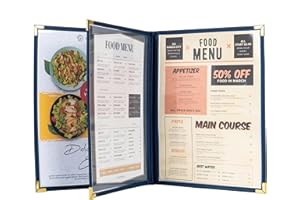 Ylittaa Menu Covers/Booklet, Triple Page, 3 Pockets, 6 View, for 8.5" x 11" Letter Size Paper, Pack of 6, Blue Edging + Gold Metal Corner, Made with Leatherette & Vinyl