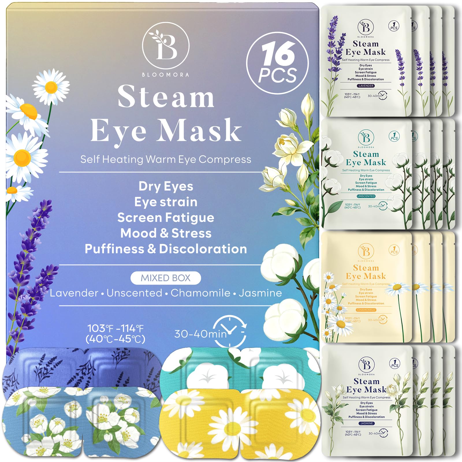 Photo 1 of 16 Pack Steam Eye Mask Variety Set Lavender Chamomile Jasmine and Unscented, Heated Eye Masks for Dry Eyes Puffiness and Relaxation, Self Heating Warm Compress for Sleep and Travel