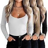Oakgarden 3 Pack Women's Long Sleeve Tops, Sweetheart Neck Knit Basic Shirts Slim Fit Casual Fall Going Out Tee