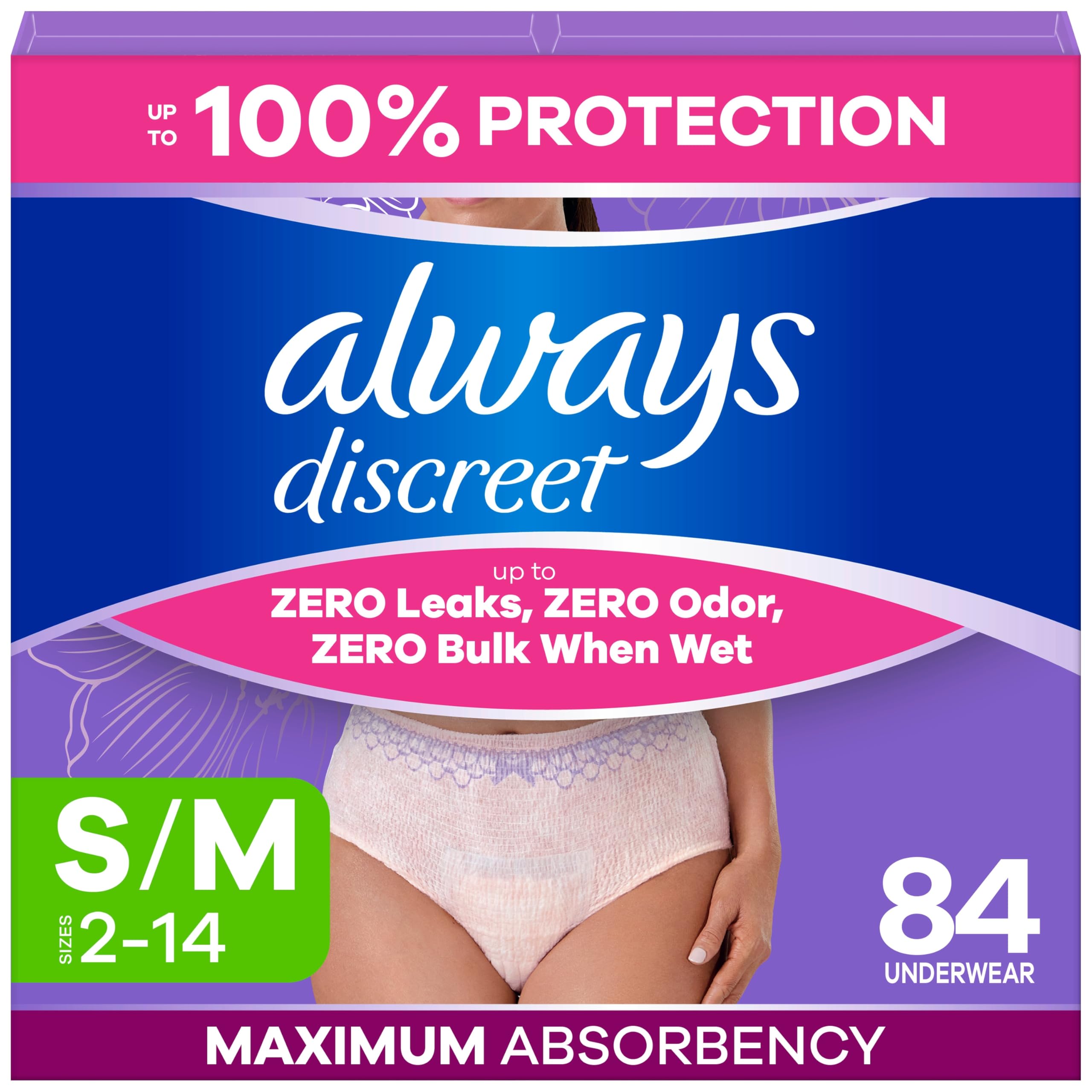Photo 1 of Always Discreet Adult Diapers for Women, Incontinence Underwear, Postpartum Essentials, Disposable Briefs, Max Absorbency, Bladder Leak Protection, Small/Medium, 84ct