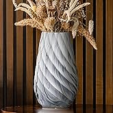 MEAKEO 10 inch Tall Ribbed Ceramic Vase for Flowers,Boho Vases for Pampas Grass,Wood Grain Exterior vase,Simple Modern Decorative Vase for Home Decor Table Centerpieces(White)