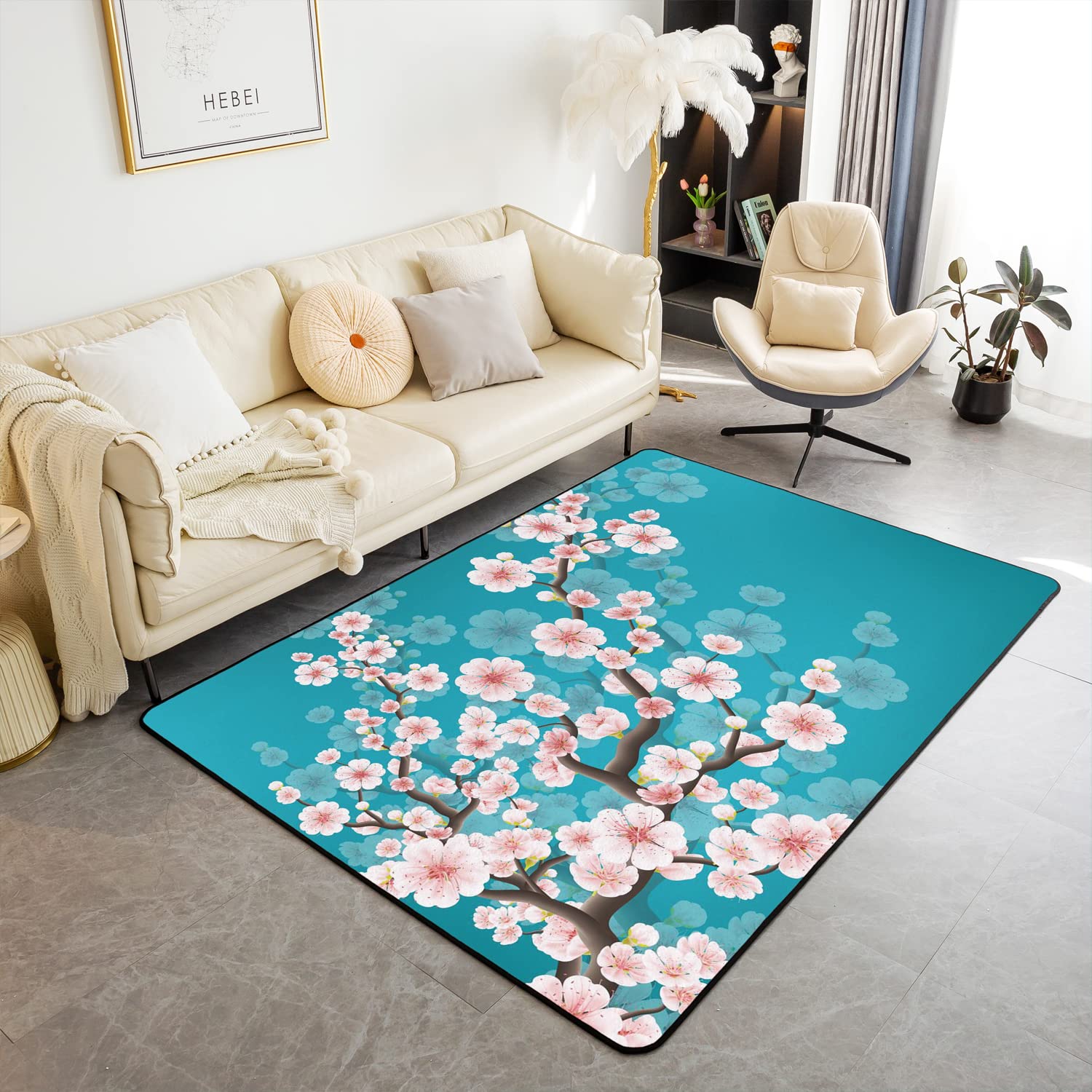 Loussiesd Sakura Area Rug Pink Cherry Blossom Living Room Rugs Ultra Soft Machine Washable Floral Rugs for Living Room Bedroom Indoor Floor Mat 150 * 200cm — image 1