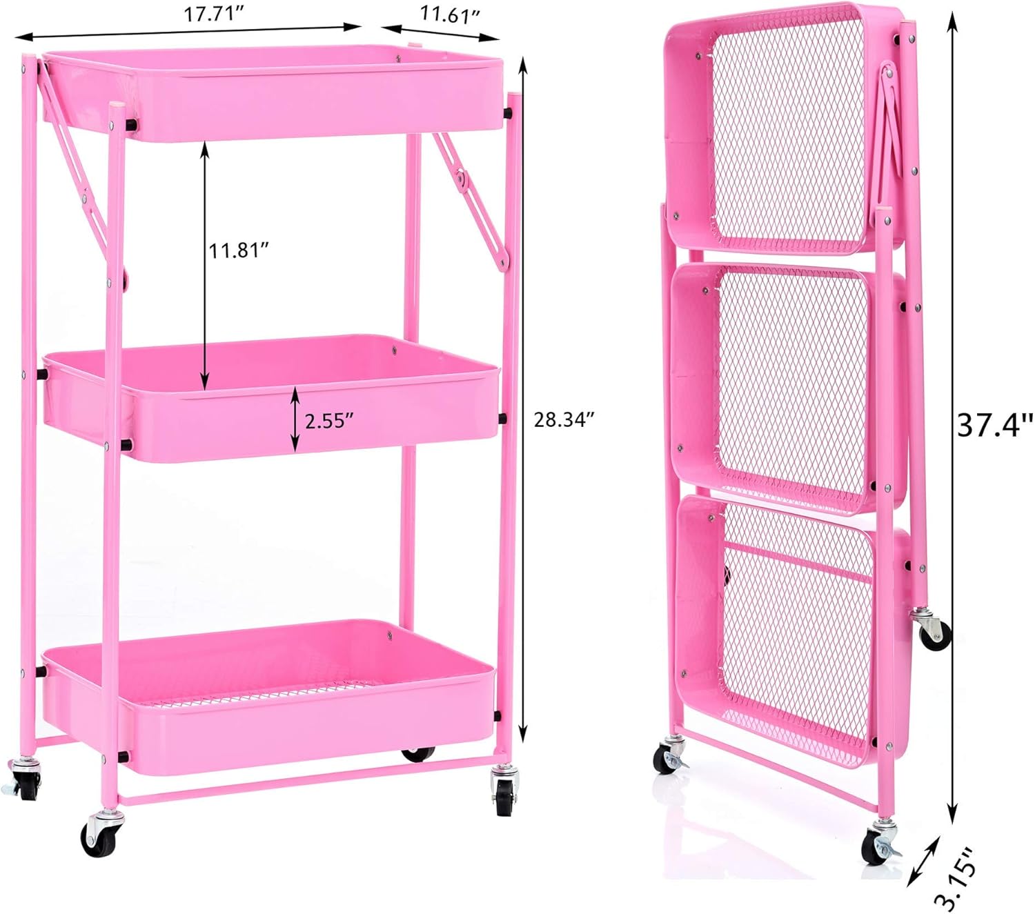 3-Layer Movable and Foldable Metal Storage Cart with Wheels Without Installation, Pink(17.71Lx11.61Wx28.34H) : Office Products