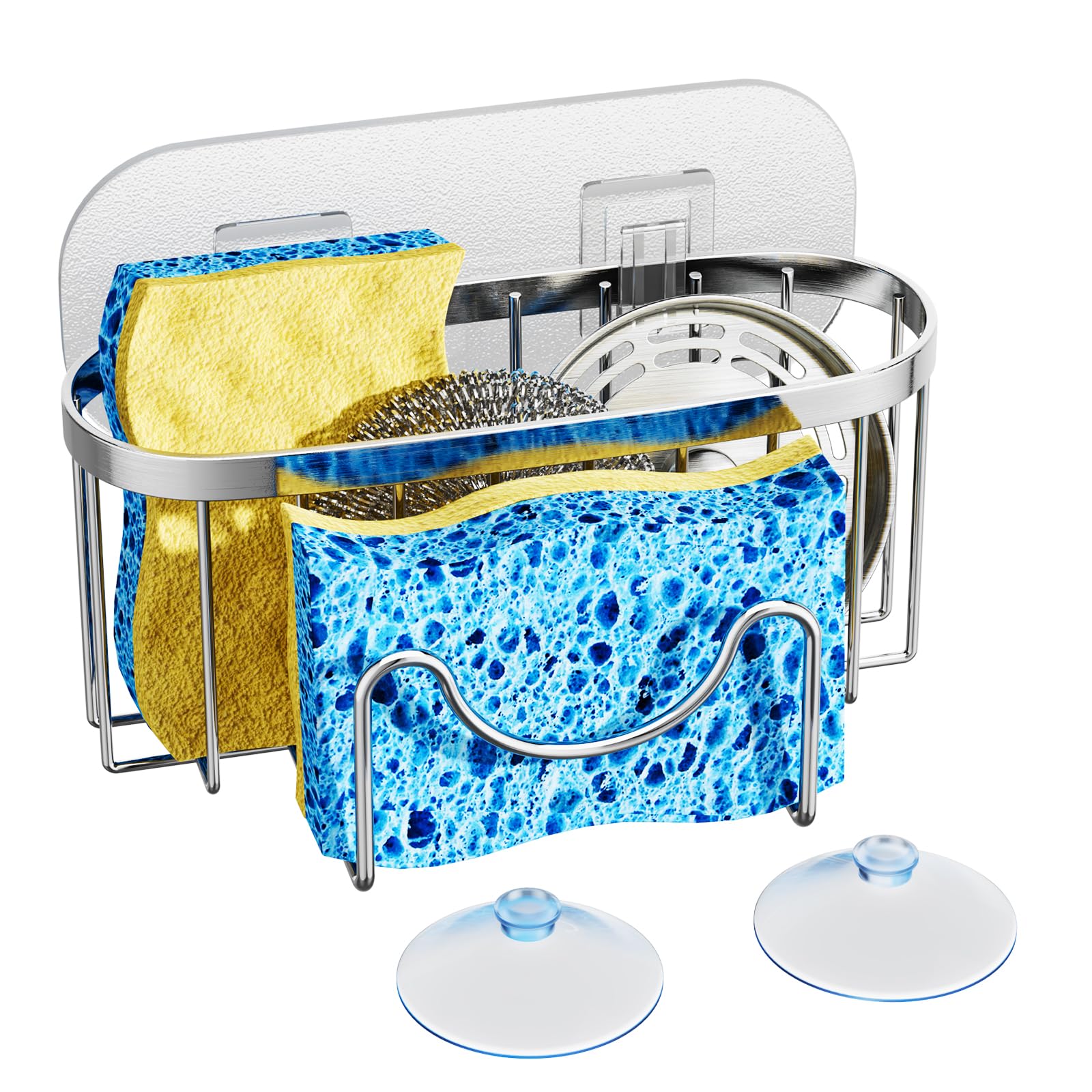 Photo 1 of HapiRm Multifunctional Adhesive Kitchen Sink Organizer with M-Shaped, 2 Installation Methods Kitchen Sponge Holder, Rustproof Sponge Caddy for Brush, Sink Stopper and Scraper -Silver