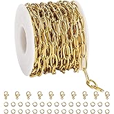 YOUBEIYEE 16.4FT Gold Plated Oval Chains for Jewelry Making Stainless Steel Chain Roll with Jump Rings Lobster Clasps