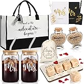 Sunnychicc 16 Pcs Wedding Gifts for Couple Mr Mrs Honeymoon Gifts Bridal Shower Engagement Favors with Glass Date Night Dice Passport Holder Baggage Tags Jar Tote Bag(Mr and Mrs)