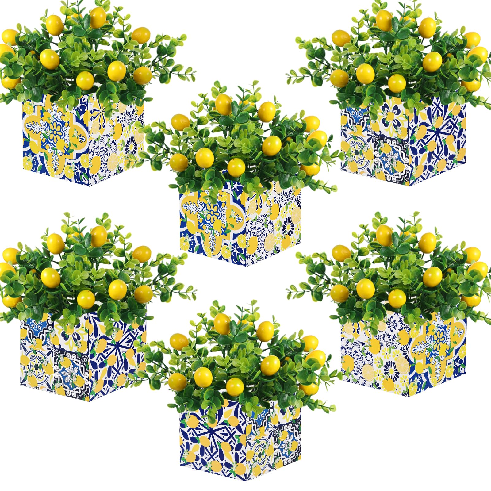 Photo 1 of 6 Sets Blue Tiles Lemon Table Centerpiece Decor Box and Artificial Lemon Branches Amalfi Coast Capri Positano Lemon Party Supplies for Capri Mediterranean Wedding Birthday Baby Shower Party Decor