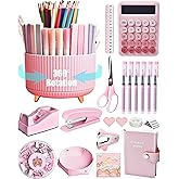 LXEVIHK Pink Desk Accessories, 20Pc Office Supplies and 360°Pen Holder Desk Organizers, With Tape Dispenser, Stapler, Staple Remover, Ect, Let the Color Pink Fill Your Desktop