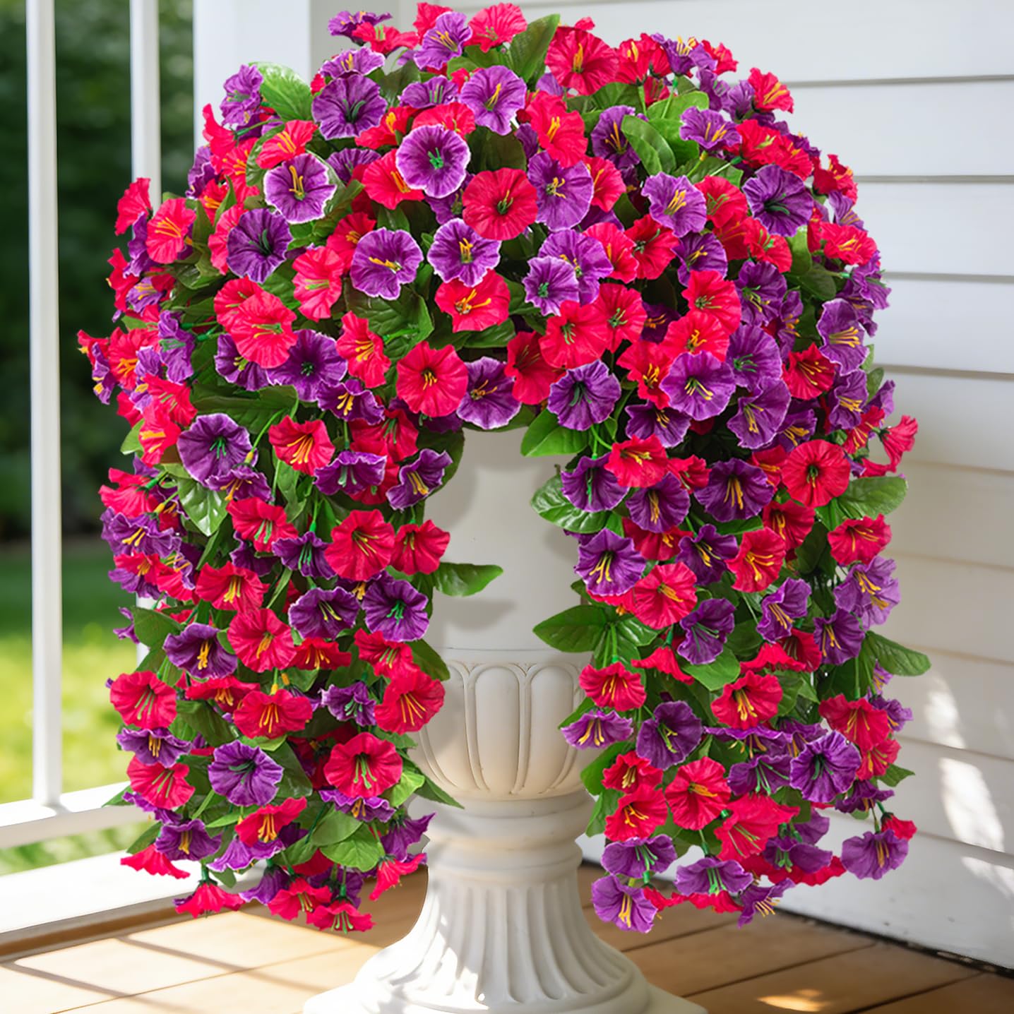 INXUGAO Artificial Fake Hanging Flowers Plants for Outdoor Spring Summer Decoration, 2PCS Faux Silk Morning Glory Long Vines Stems UV Resistant Look Real for Outside Home Porch Patio, Hot Pink Purple