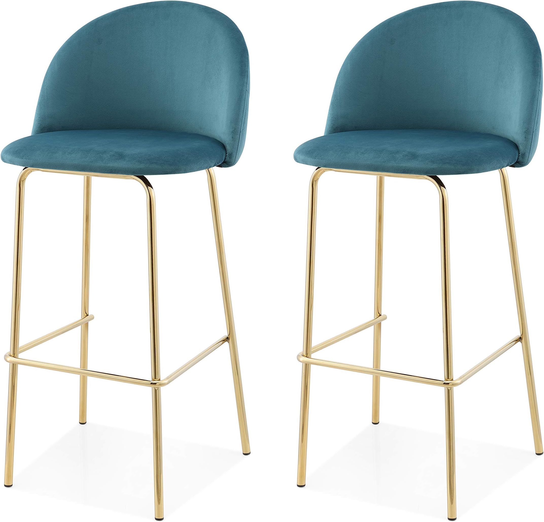 M61 Barstool with Gold Finish- 2 Piece Modern Design Counter Bar Stool Set- Velvet Upholstery Chair for Bars and High Counters- Steel Frame- Incorporated Footrest (Teal)