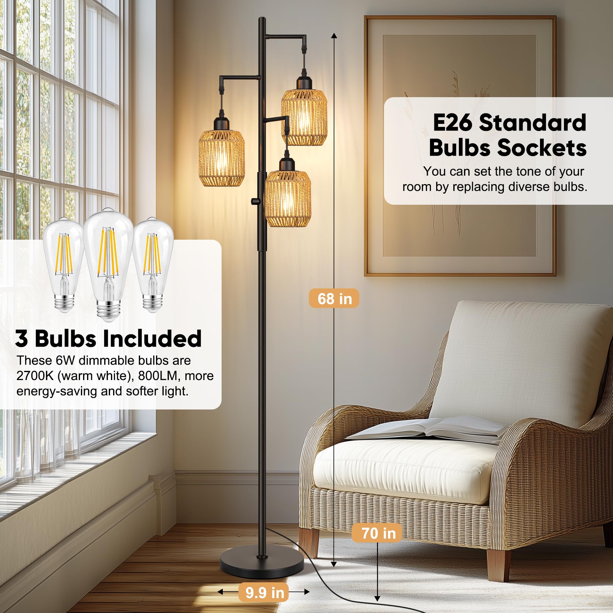 ROTTOGOON Dimmable Boho Floor Lamp - 3 Light Farmhouse Rattan Floor Lamp for Living Room, Industrial Tree Floor Lamps with 3 X 6W LED Bulbs, Rustic Standing Tall Lamp for Bedroom, Office, 68