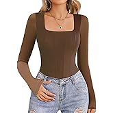 Avidlove Women's Long Sleeve Bodysuits Square Neck One Piece Body Suit Mesh Leotard Tops Double Lined Soft (Brown, M)