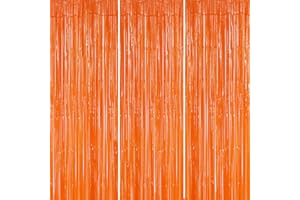 DECOCKRAT 3 Pack Foil Fringe Backdrop - Orange Shiny Tinsel Curtains for Party Decoration/Photo Booth Props - 3.3x8.2 FT Metallic Foil Backdrop for Birthday, Wedding, Graduation, Christmas.