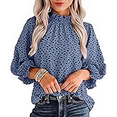 Avanova Women Polka Dot Long Sleeve Blouse Shirts Work Mock Neck Ruffle Top