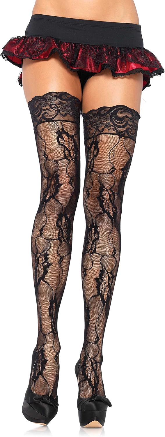 Leg Avenue Women's Rose Lace Thigh Highs, Black, One Size: Garter Belts And Stocking Sets: Clothing
