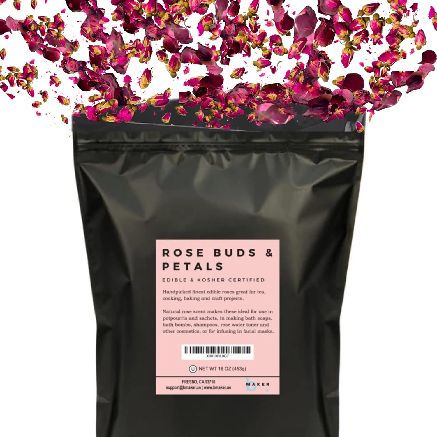 Dried & Preserved Flora - Dried Rose Petals and Rose Buds - Red - 1 Pound Edible Flowers - Use in Tea, Baking, Making Rose Water, Crafting, Wedding Confetti - Included Sample Bottle of Rose Absolute Essential Oil - by bMAKER