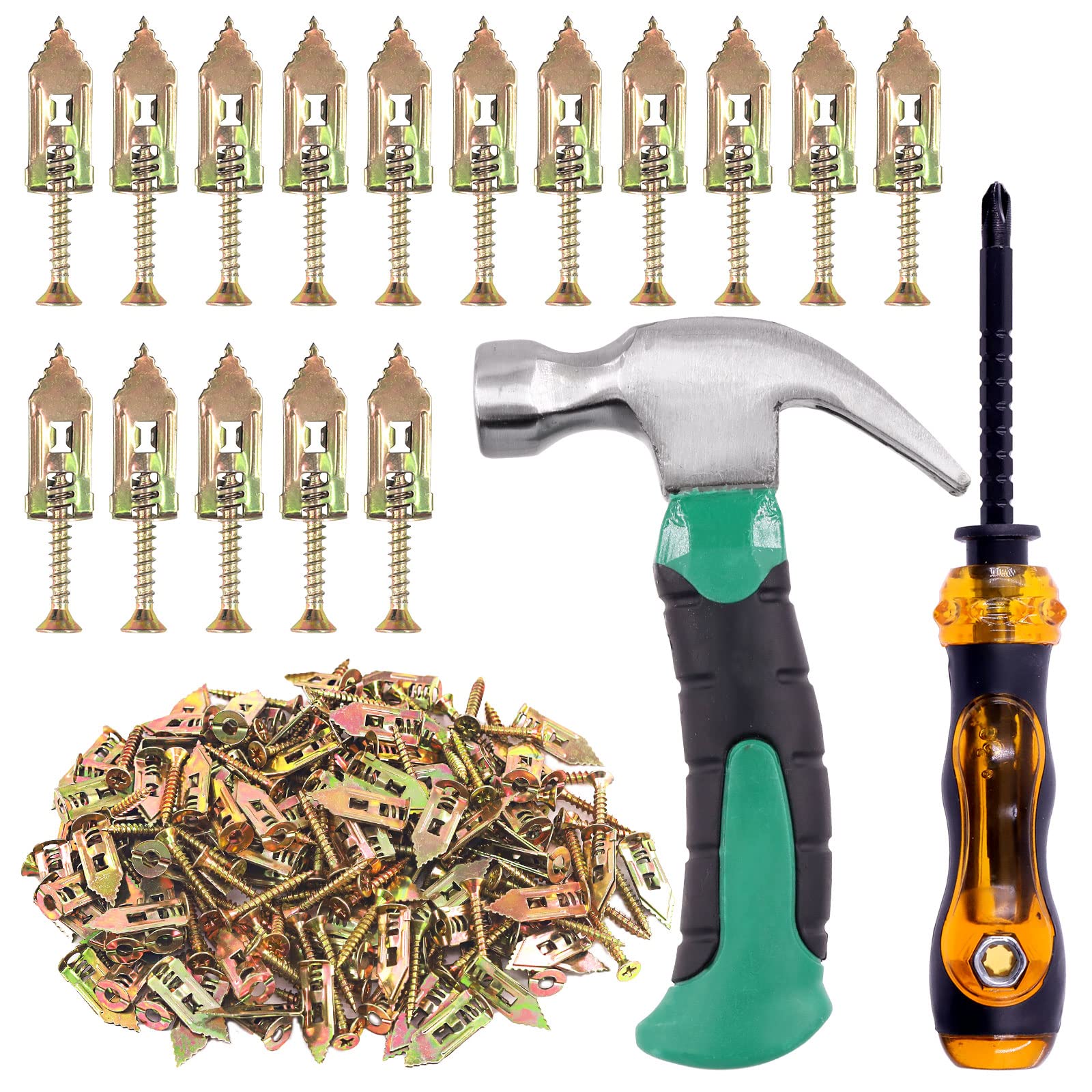 Glarks 52PC Self-Drilling Anchors with Screws Kit: 50PC Drywall Anchors, 1PC Mini Hammer, 1PC Screwdriver for TV, Shelf, Cabinet, and Decoration Fixing