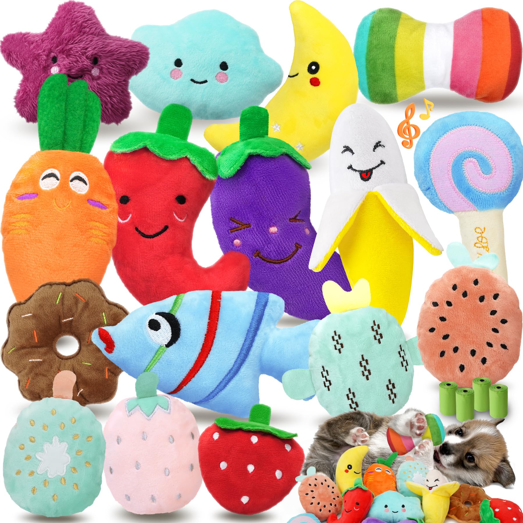 Photo 1 of QTwoof Charming Chorus 20-Pack Squeaky Dog Toys Set - Included 4 Dog Bags, Plush Puppy Toys with Irresistibly Cute Characters for Small Dogs, Interactive Dog Squeak Toys for Fun&Teeth Cleaning