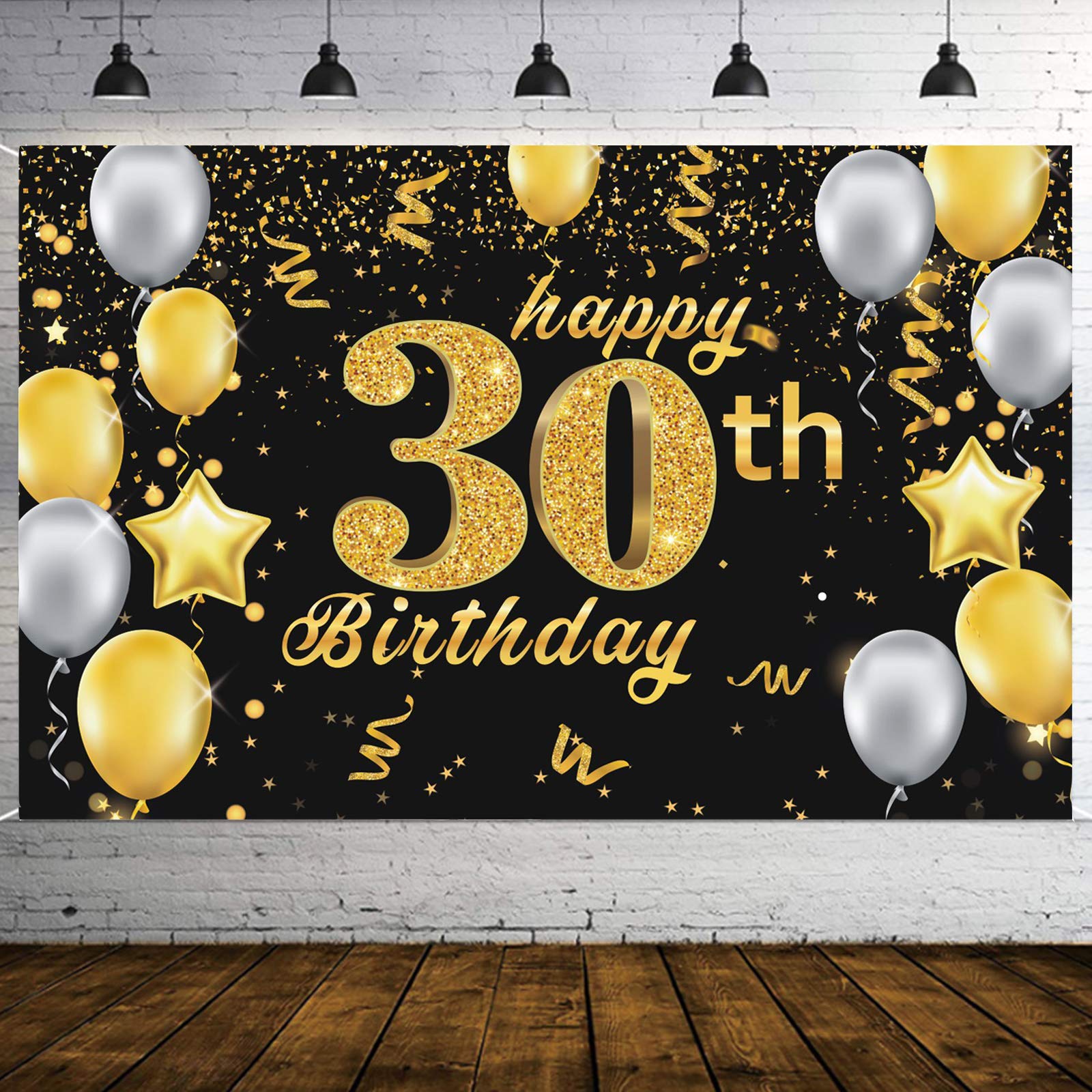 Happy 30th Birthday Backdrop Banner Wall Decoration, Extra Large Black and Gold Background Sign Poster Photo Booth for Men Women Birthday Party Supplies (30th)