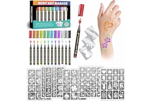 METUU Temporary Tattoo Markers for Kids and Adults, 12 Metallic Markers and 155 Tattoo Stencil Designs, Cosmetic Tattoos Pens for Party Favor Gift and Face Painting