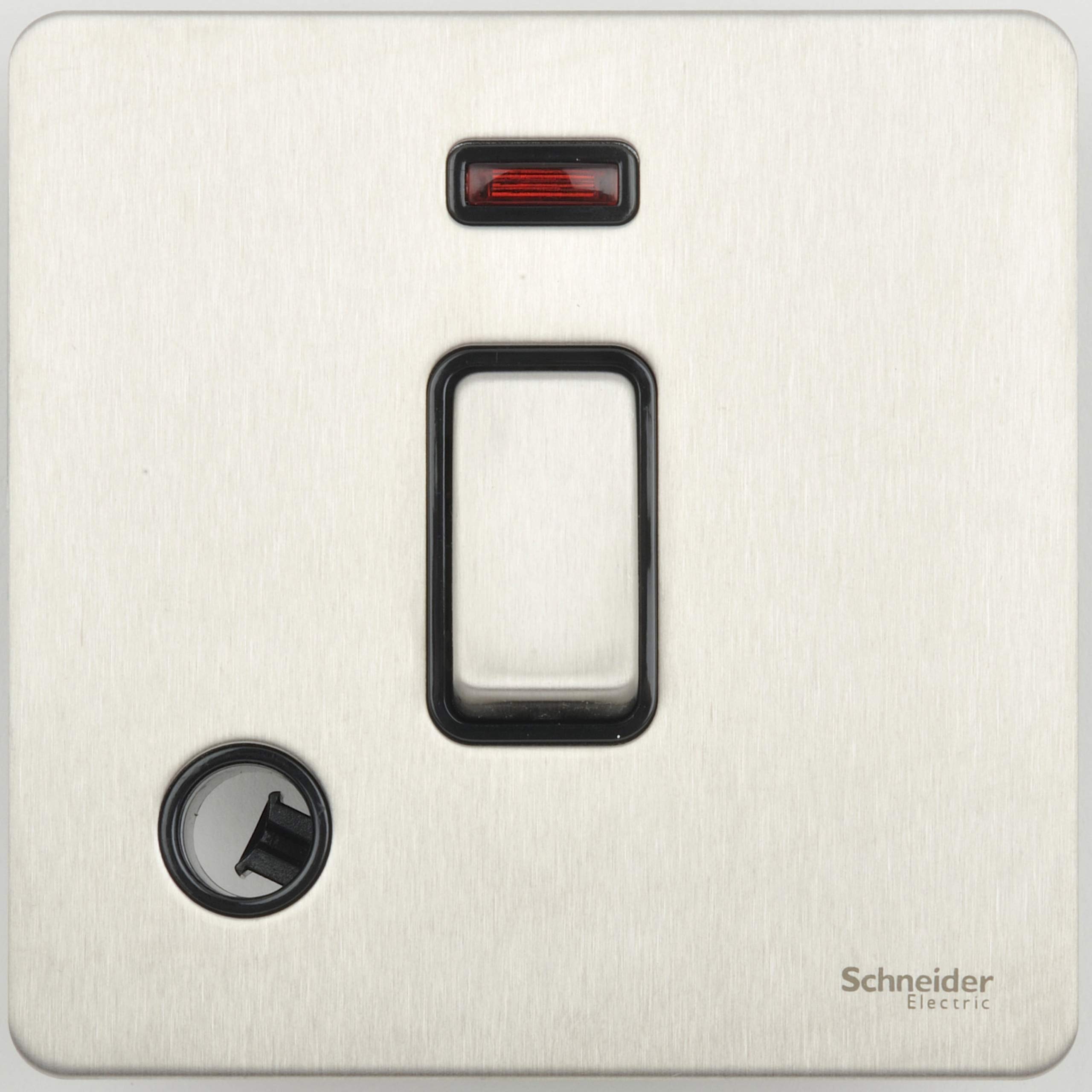 Schneider Electric Ultimate Screwless Flat Plate - Single Light Switch, Double Pole, 20AX, with Flex Outlet and Neon Indicator, GU2414BSS, Stainless Steel with Black Insert — image 1
