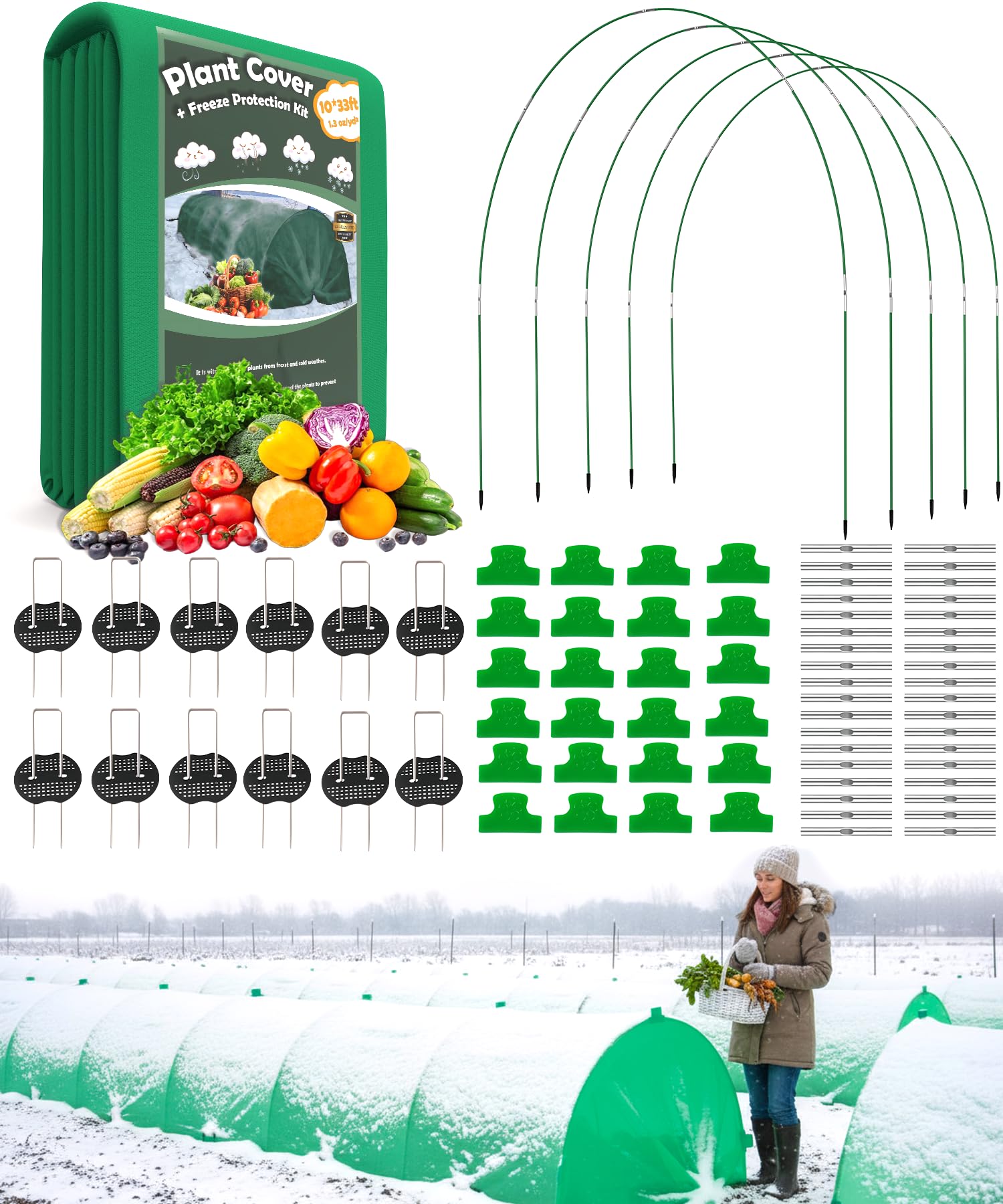 Photo 1 of 10ft x 50ft Plant Frost Protection Cover, 1.3 oz/yd² Reusable Freeze Blanket with 36 Hoops & 12 Stakes, Garden Greenhouse Tunnel for Winter Snow, Frost & Pest Protection on Outdoor Raised Beds