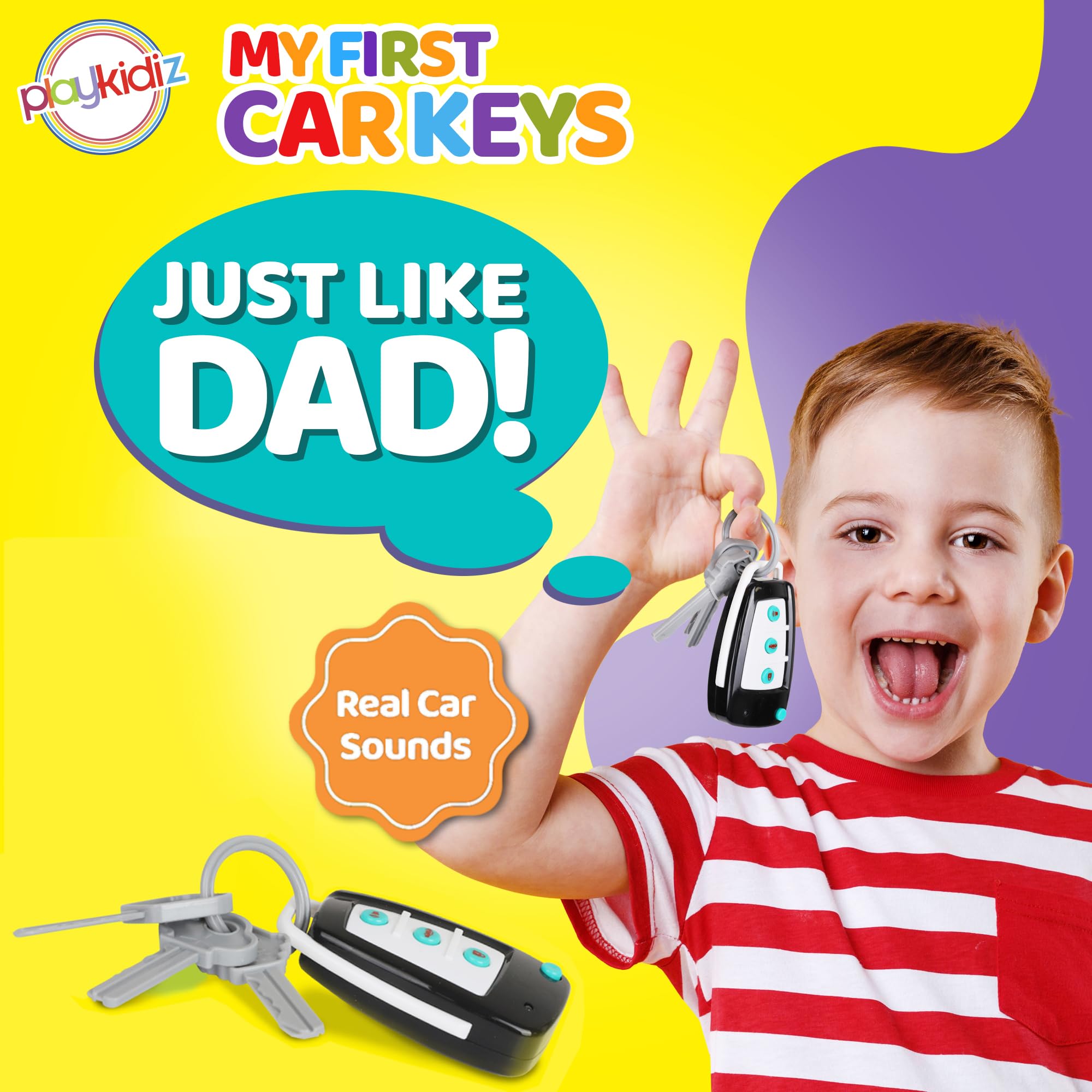 Playkidiz Toy Car Keys - Real Looking Play Toddler Remote Car Key - Interactive Kids Baby Keys with Lights and Sound Effetcs - Pretend Toy Keys for Boys Girls Age 3+